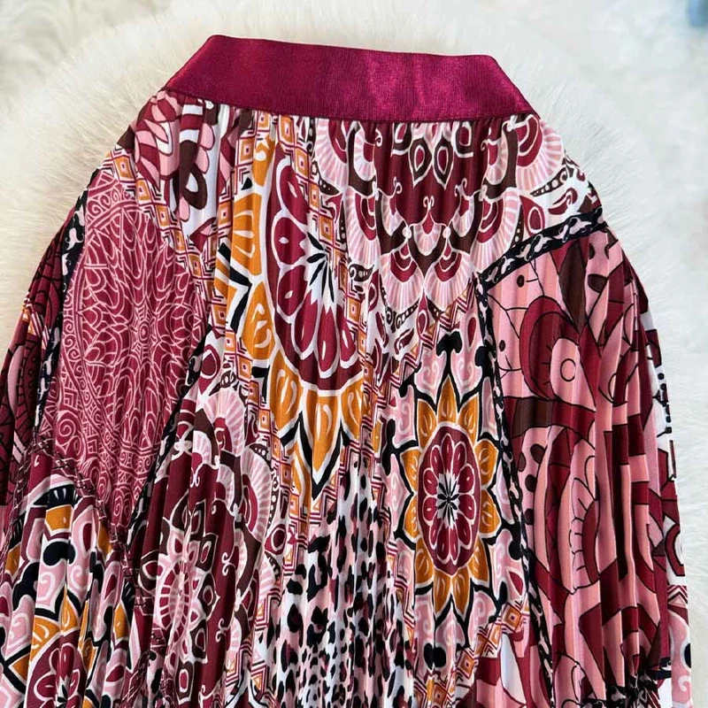 Olivenorma Boho-Maxikleid mit Patchwork-Print, hoher Taille und Falten