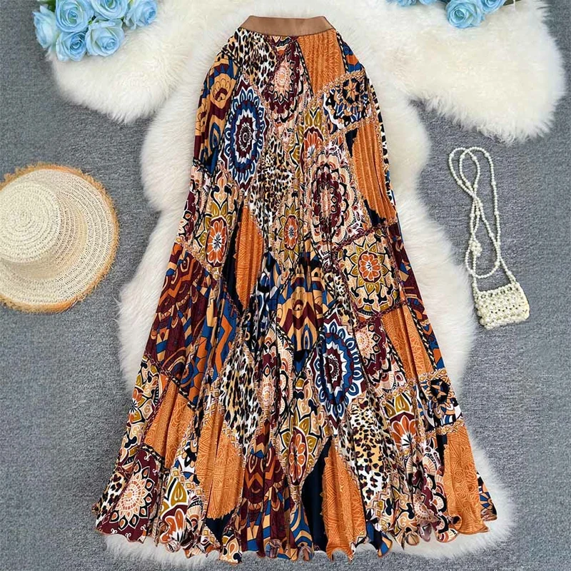 Olivenorma Boho-Maxikleid mit Patchwork-Print, hoher Taille und Falten