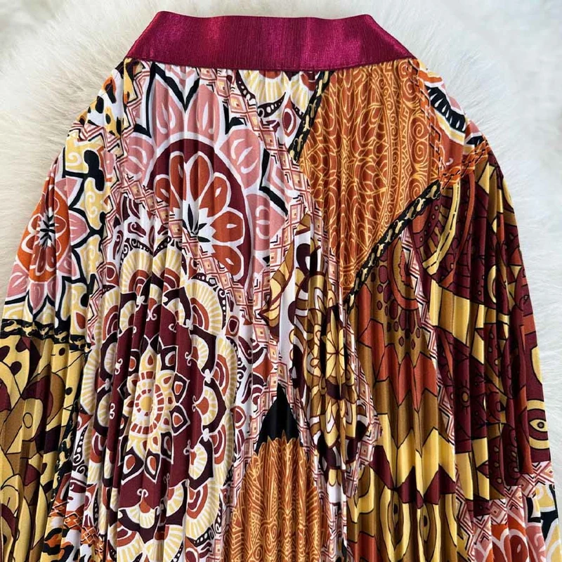 Olivenorma Boho-Maxikleid mit Patchwork-Print, hoher Taille und Falten