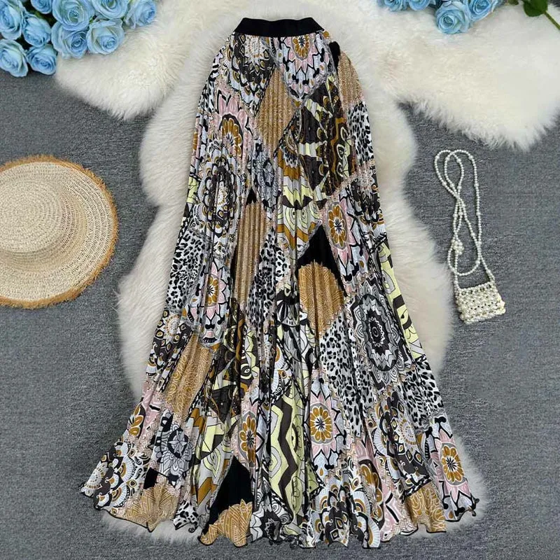 Olivenorma Boho-Maxikleid mit Patchwork-Print, hoher Taille und Falten