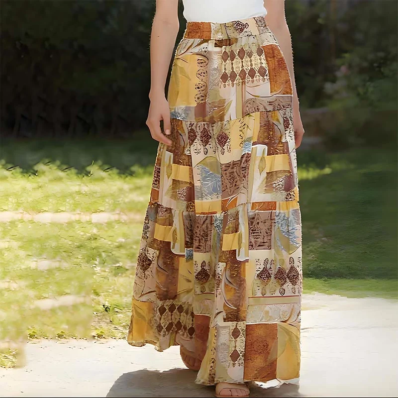 Olivenorma Boho Patchwork Maxikleid mit hohem Bund für Damen