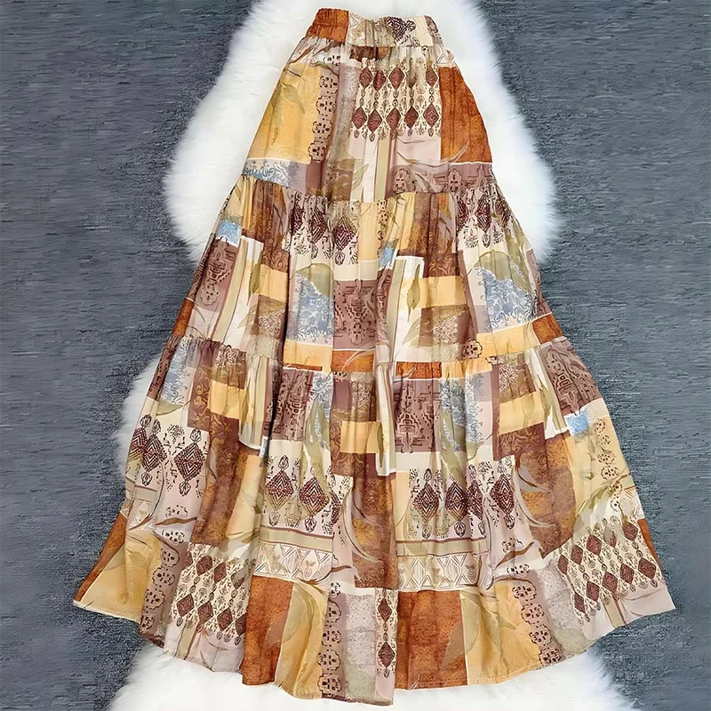 Olivenorma Boho Patchwork Maxikleid mit hohem Bund für Damen