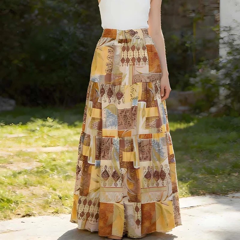 Olivenorma Boho Patchwork Maxikleid mit hohem Bund für Damen