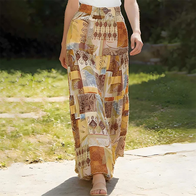Olivenorma Boho Patchwork Maxikleid mit hohem Bund für Damen