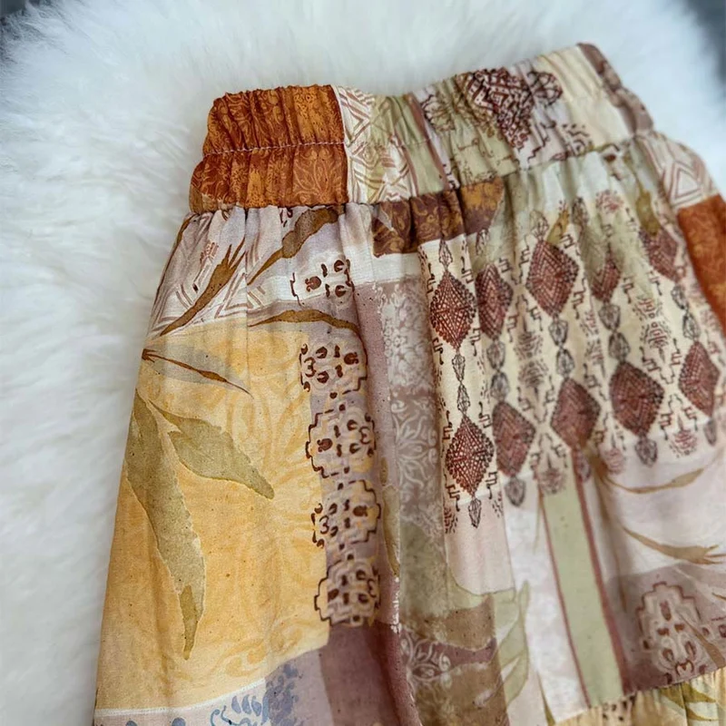 Olivenorma Boho Patchwork Maxikleid mit hohem Bund für Damen