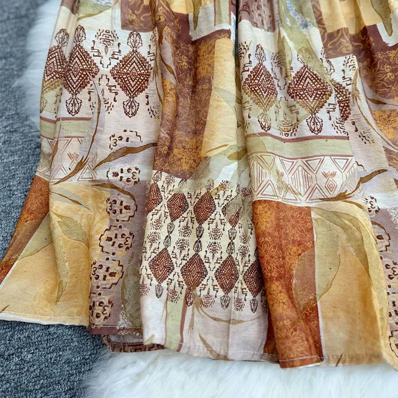 Olivenorma Boho Patchwork Maxikleid mit hohem Bund für Damen