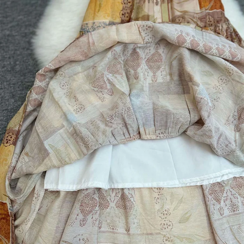 Olivenorma Boho Patchwork Maxikleid mit hohem Bund für Damen