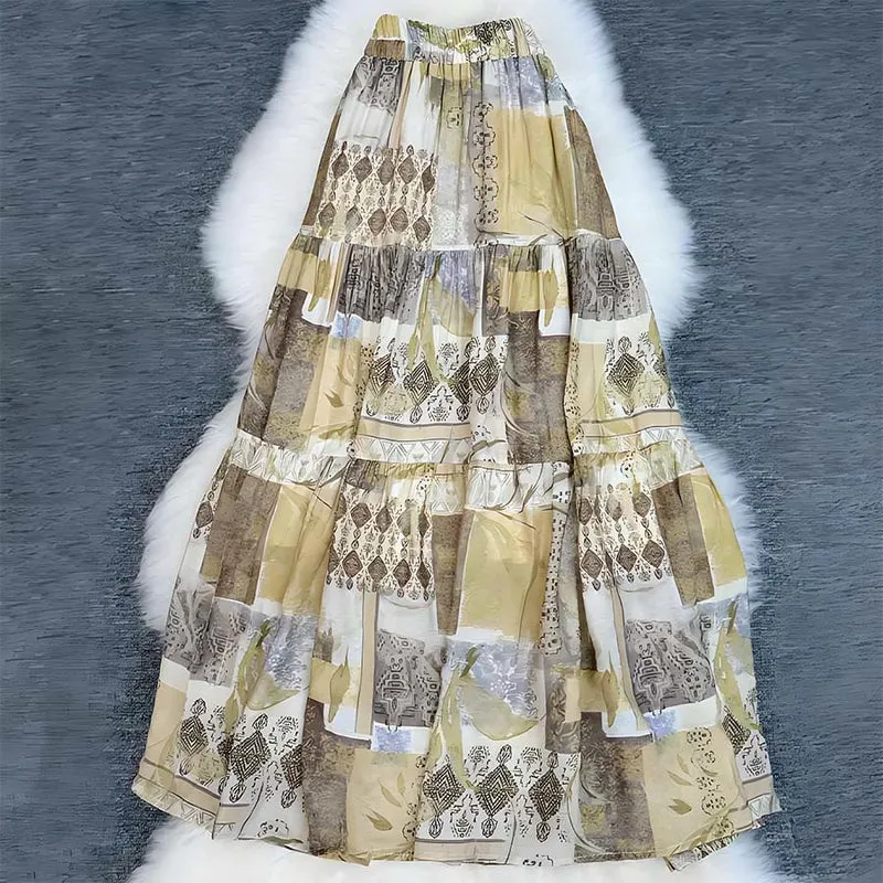 Olivenorma Boho Patchwork Maxikleid mit hohem Bund für Damen