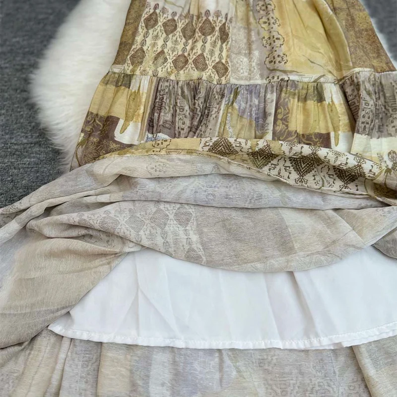 Olivenorma Boho Patchwork Maxikleid mit hohem Bund für Damen