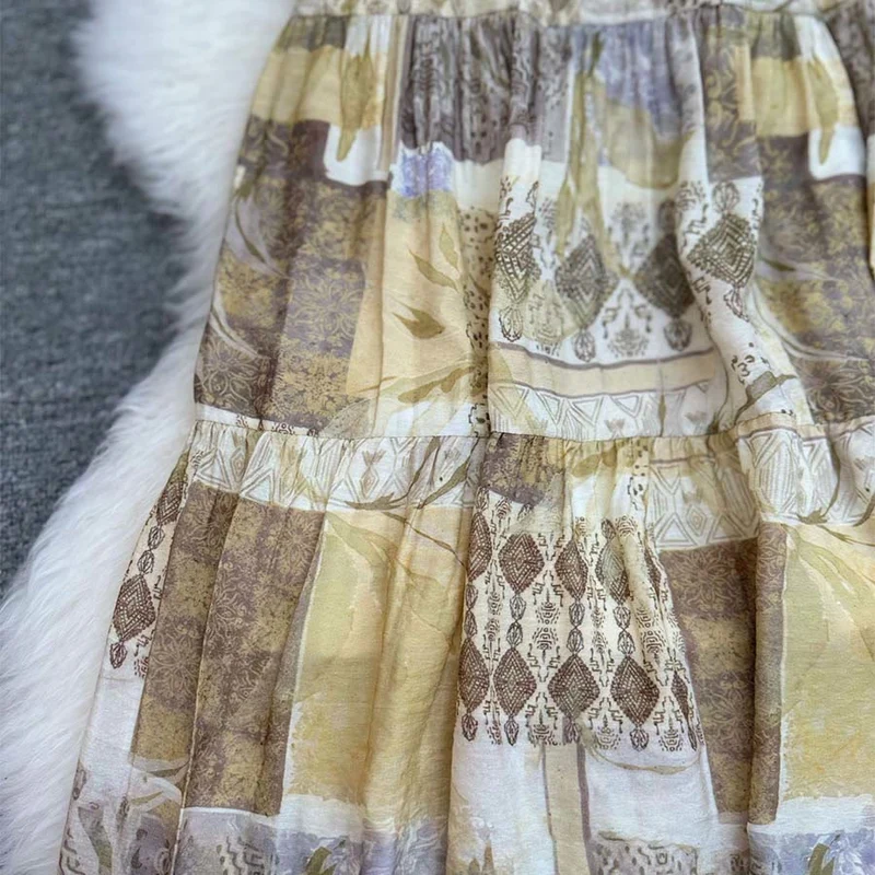 Olivenorma Boho Patchwork Maxikleid mit hohem Bund für Damen