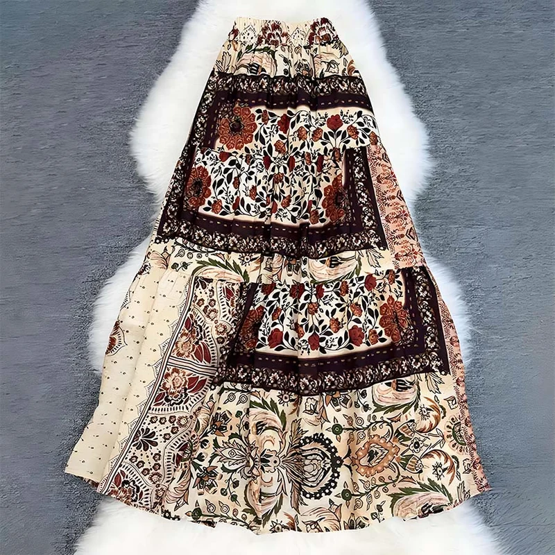 Olivenorma Boho Patchwork Maxikleid mit hohem Bund für Damen