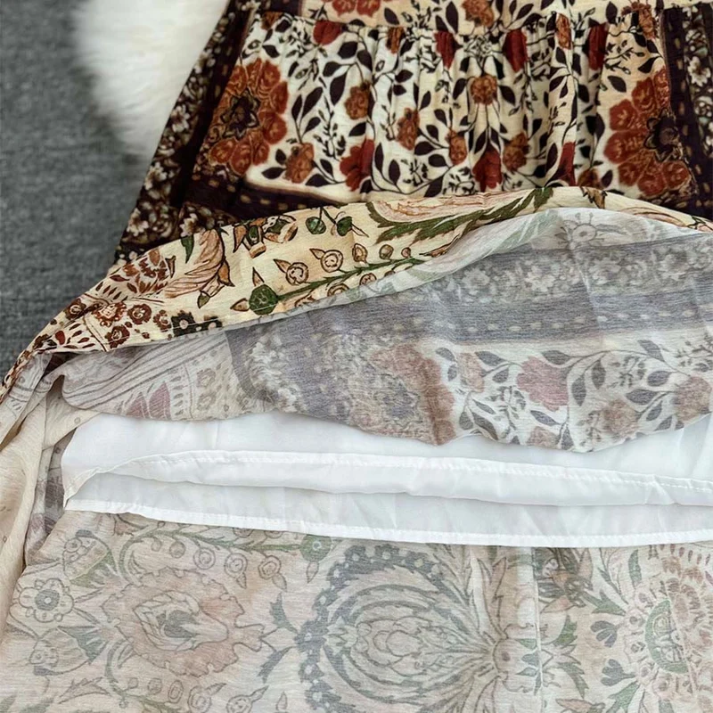 Olivenorma Boho Patchwork Maxikleid mit hohem Bund für Damen