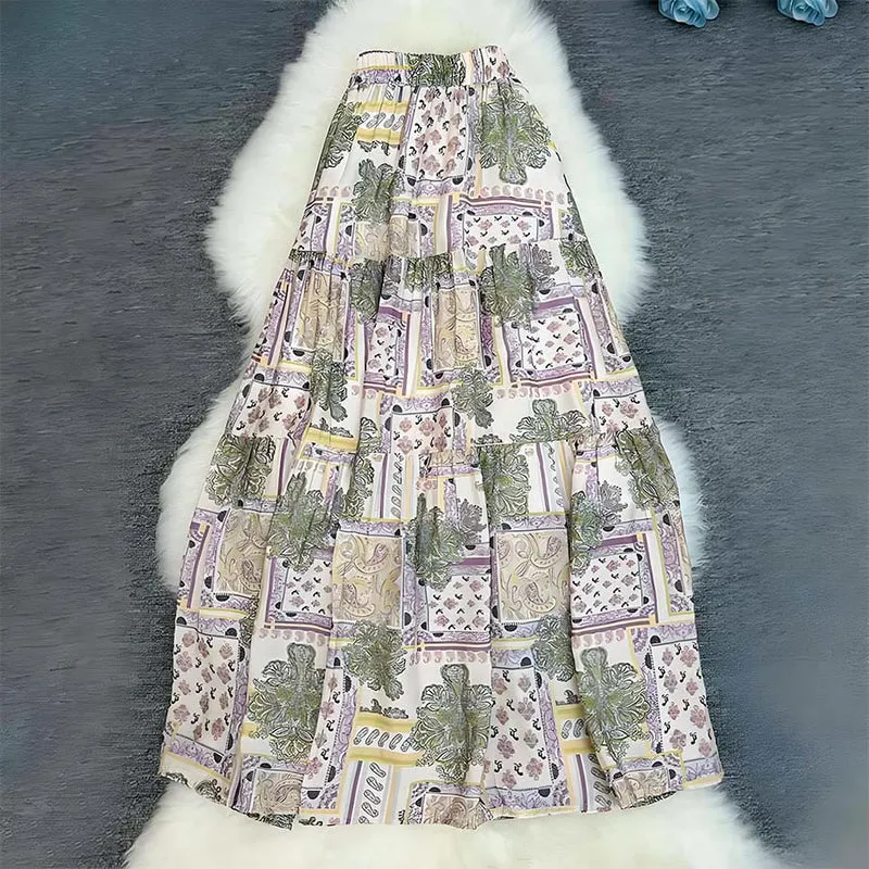 Olivenorma Boho Patchwork Maxikleid mit hohem Bund für Damen