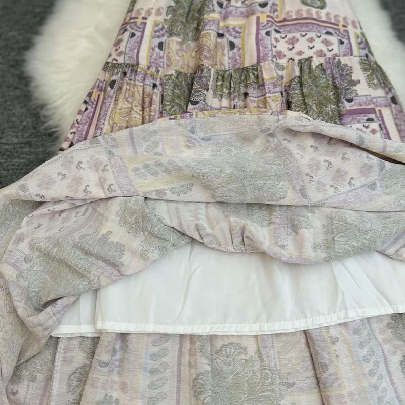 Olivenorma Boho Patchwork Maxikleid mit hohem Bund für Damen