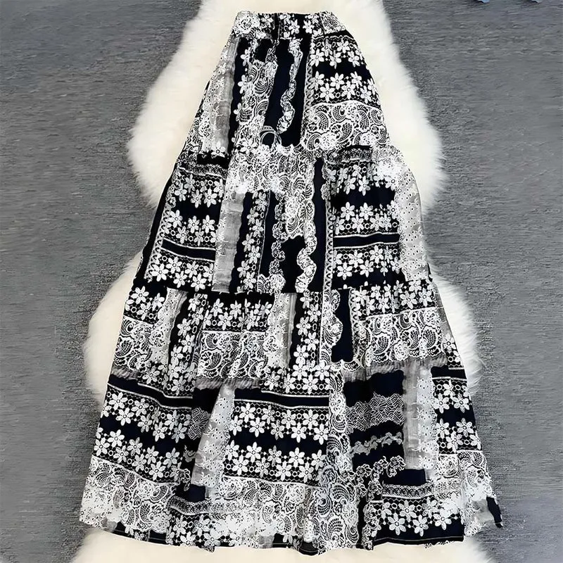 Olivenorma Boho Patchwork Maxikleid mit hohem Bund für Damen