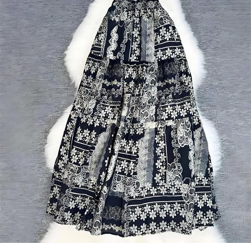 Olivenorma Boho Patchwork Maxikleid mit hohem Bund für Damen