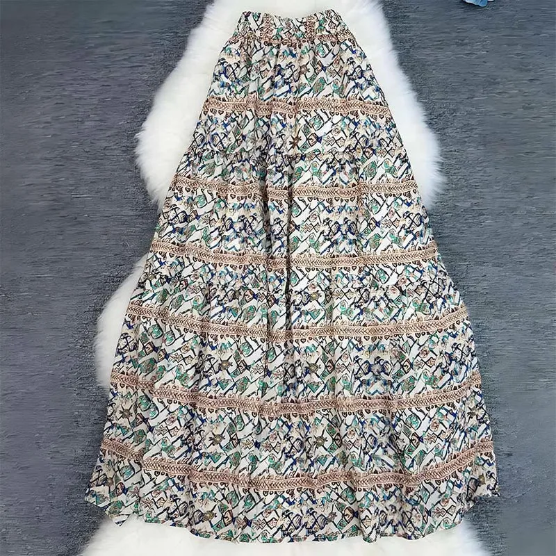 Olivenorma Boho Patchwork Maxikleid mit hohem Bund für Damen