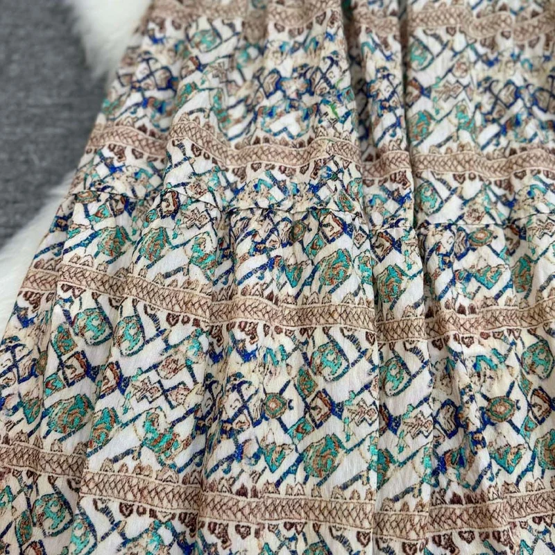 Olivenorma Boho Patchwork Maxikleid mit hohem Bund für Damen