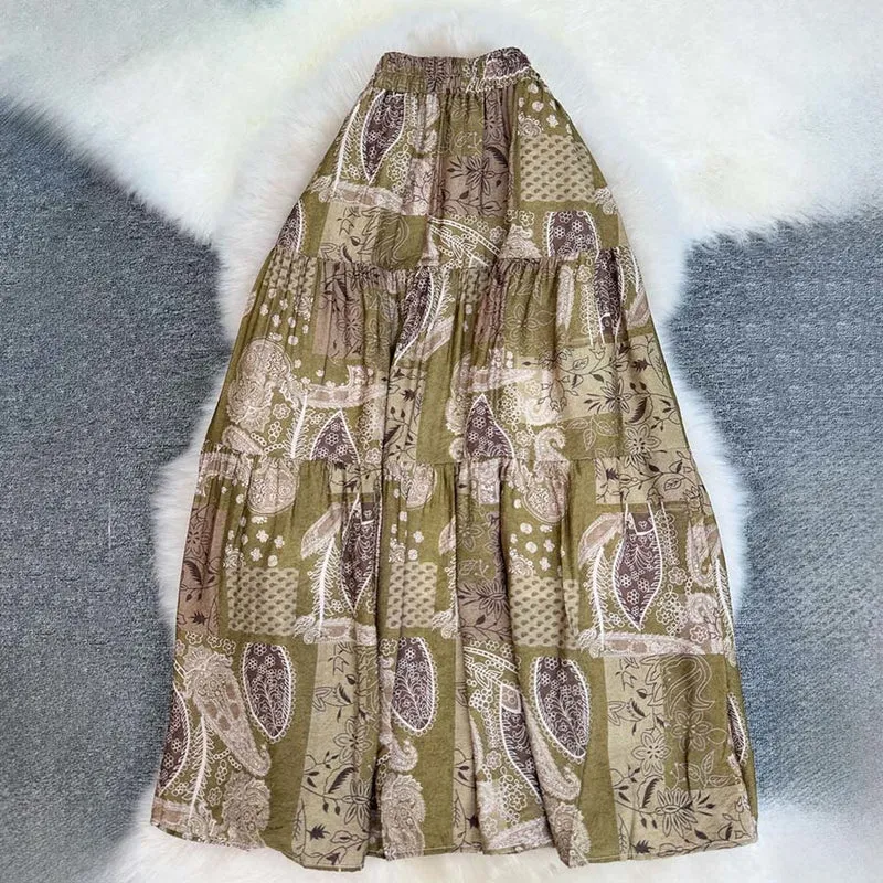 Olivenorma Boho Patchwork Maxikleid mit hohem Bund für Damen
