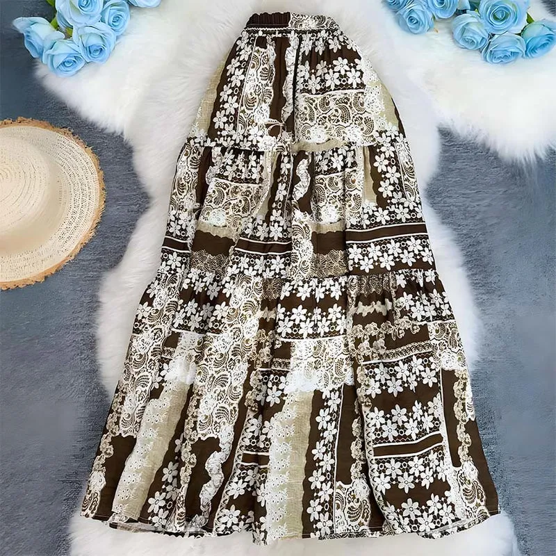 Olivenorma Boho Patchwork Maxikleid mit hohem Bund für Damen