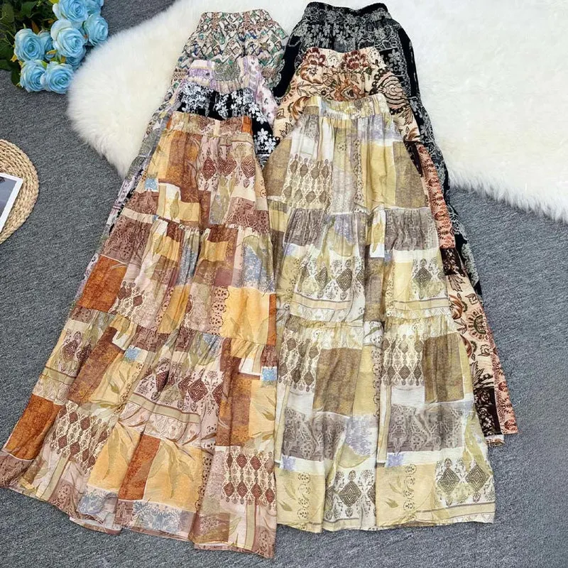 Olivenorma Boho Patchwork Maxikleid mit hohem Bund für Damen