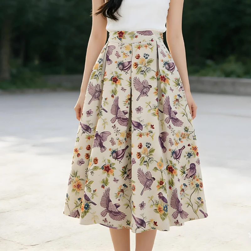 Olivenorma Boho-Maxikleid mit Vogel- und Blumenmuster, hoher Taille und Falten