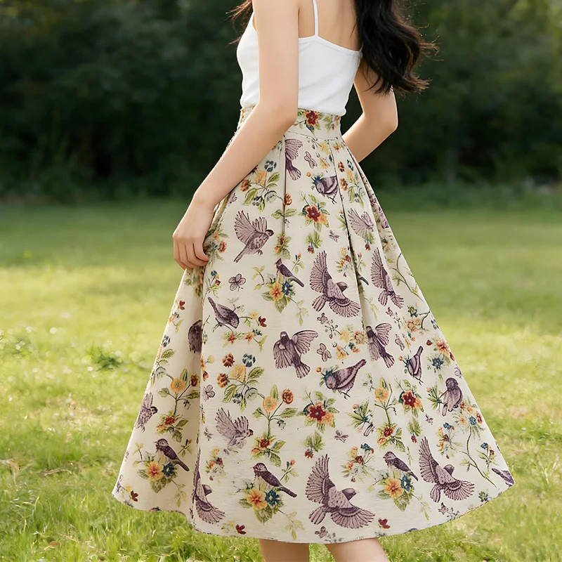 Olivenorma Boho-Maxikleid mit Vogel- und Blumenmuster, hoher Taille und Falten