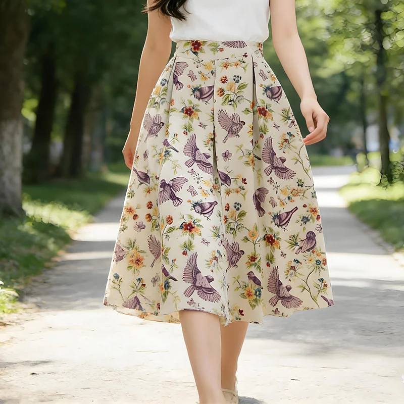 Olivenorma Boho-Maxikleid mit Vogel- und Blumenmuster, hoher Taille und Falten