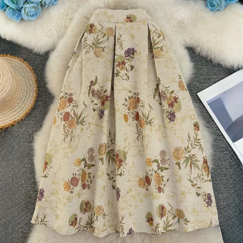 Olivenorma Boho-Maxikleid mit Vogel- und Blumenmuster, hoher Taille und Falten