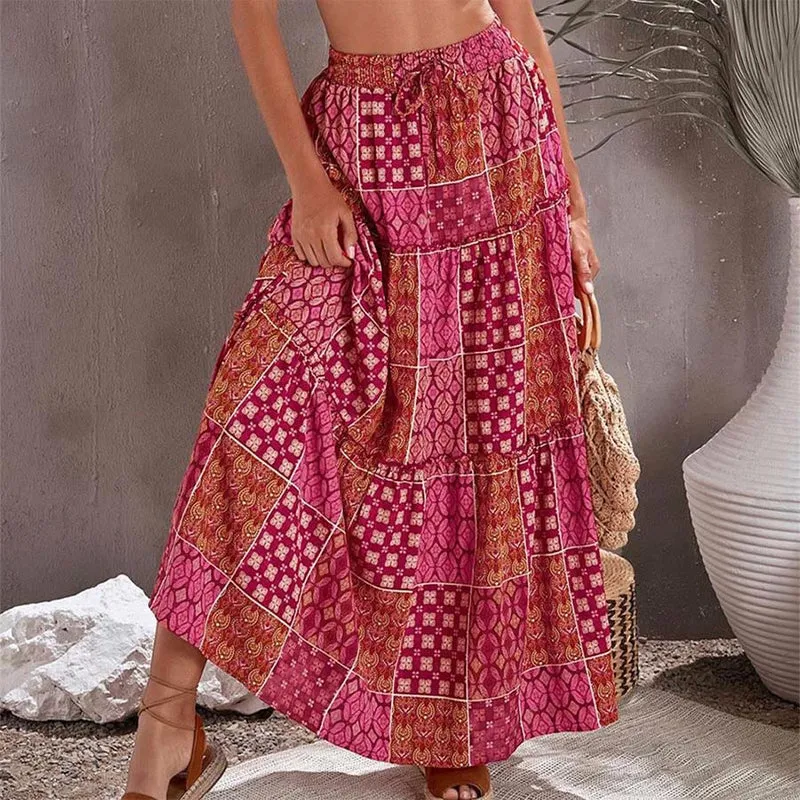 Olivenorma Boho-Maxikleid mit Patchwork-Print, hoher Taille und Stufenrock für Damen