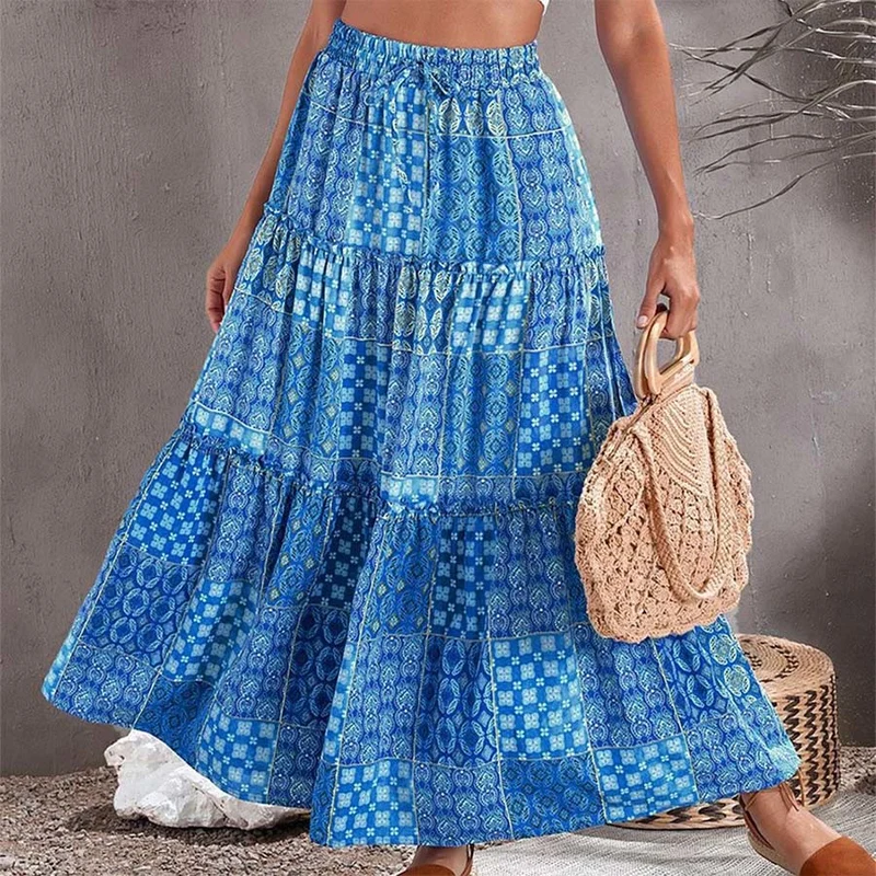 Olivenorma Boho-Maxikleid mit Patchwork-Print, hoher Taille und Stufenrock für Damen