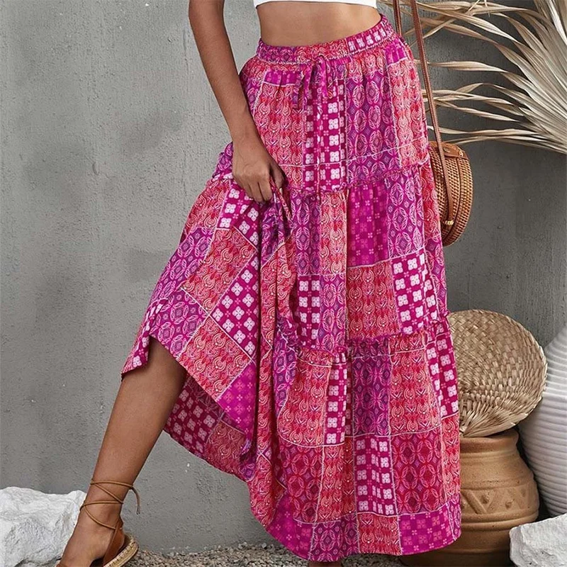 Olivenorma Boho-Maxikleid mit Patchwork-Print, hoher Taille und Stufenrock für Damen