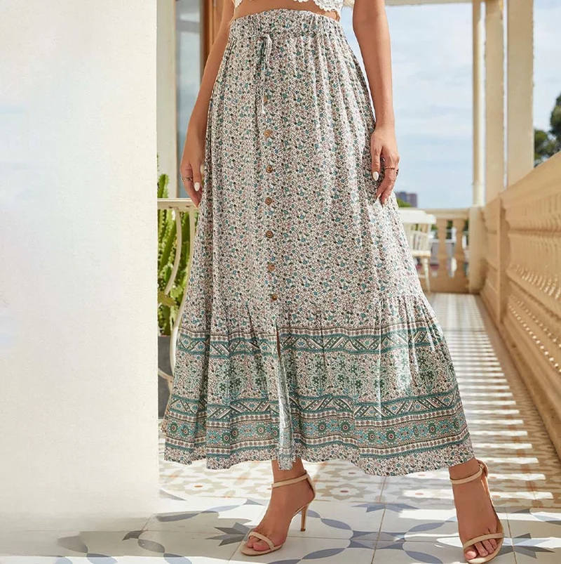 Olivenorma Boho-Maxikleid mit Blumenmuster, hoher Taille, Kordelzug, Knöpfen und Stufenrock für Damen