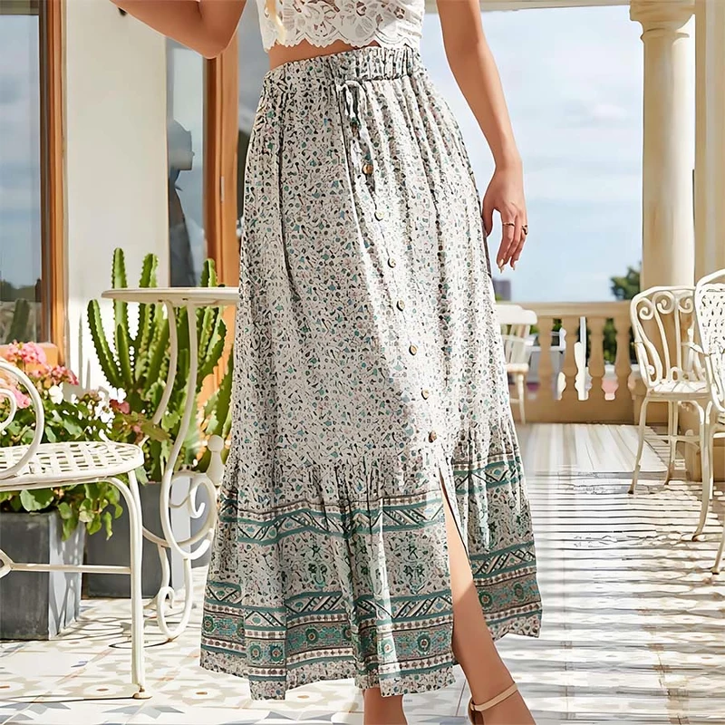 Olivenorma Boho-Maxikleid mit Blumenmuster, hoher Taille, Kordelzug, Knöpfen und Stufenrock für Damen