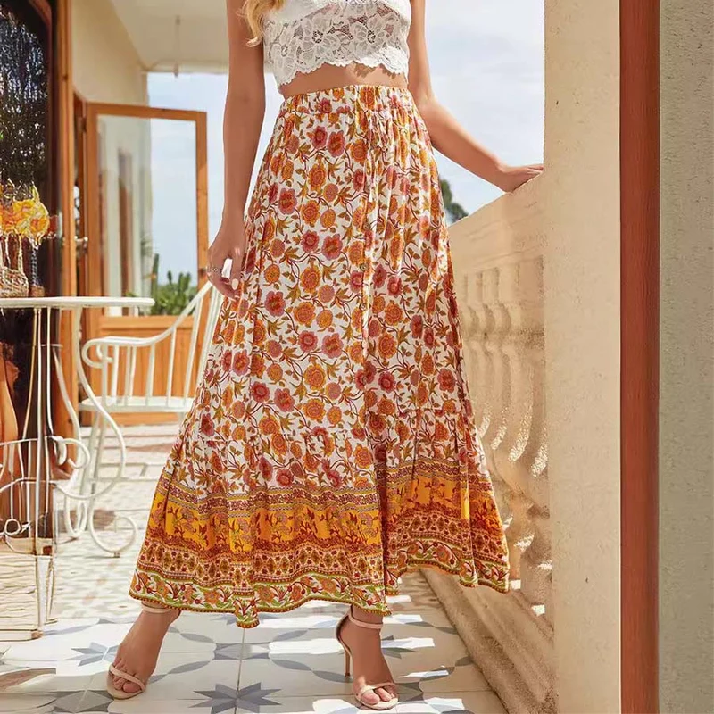 Olivenorma Boho-Maxikleid mit Blumenmuster, hoher Taille, Kordelzug, Knöpfen und Stufenrock für Damen