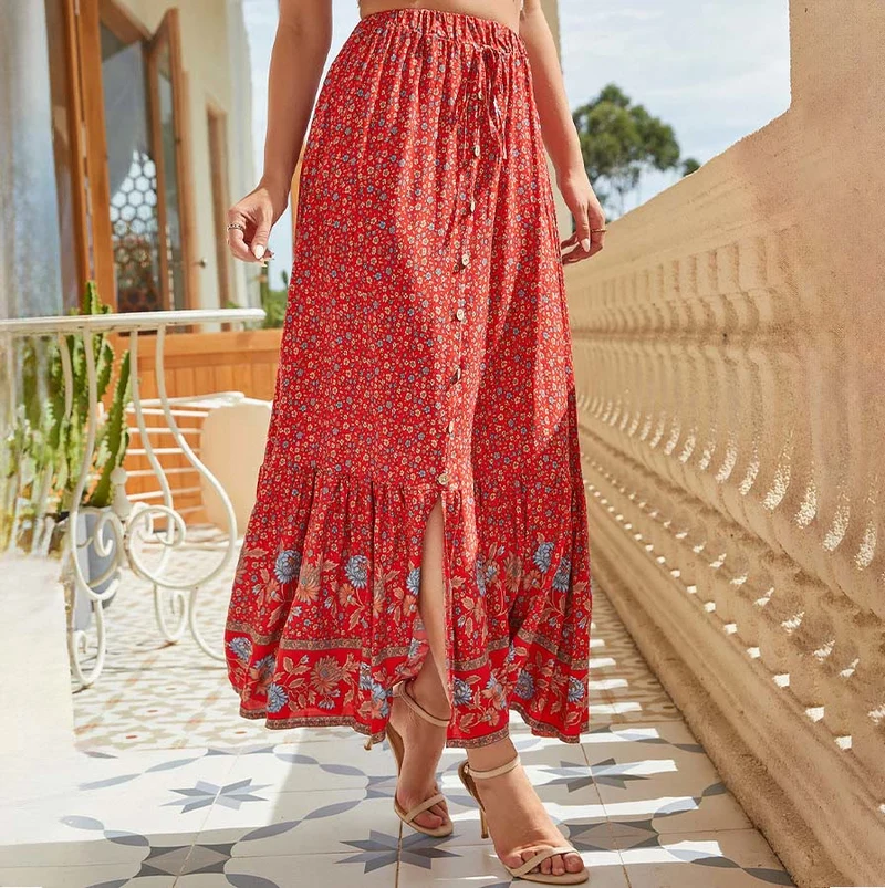 Olivenorma Boho-Maxikleid mit Blumenmuster, hoher Taille, Kordelzug, Knöpfen und Stufenrock für Damen