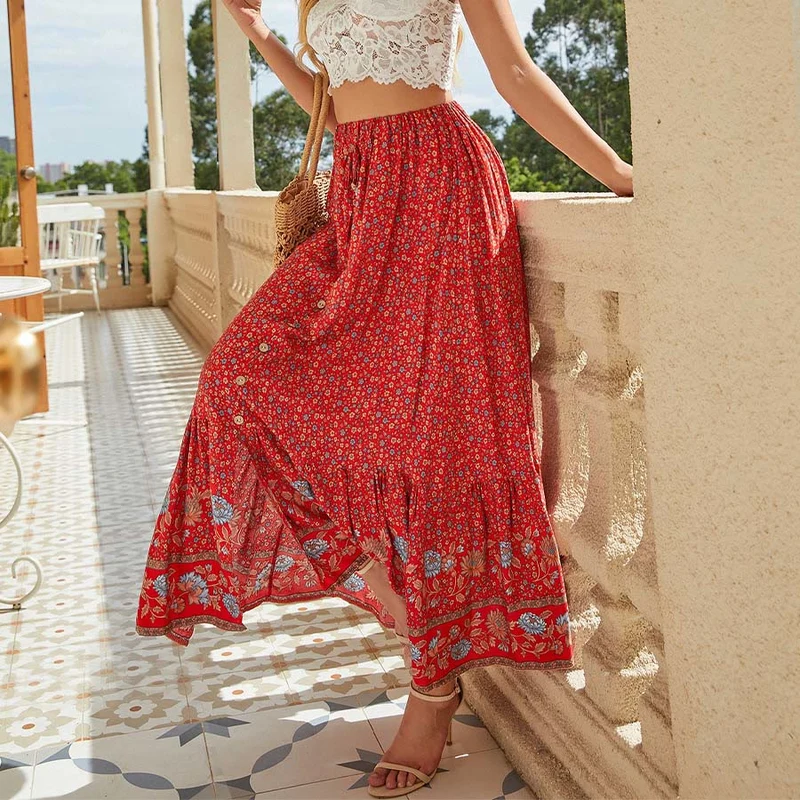 Olivenorma Boho-Maxikleid mit Blumenmuster, hoher Taille, Kordelzug, Knöpfen und Stufenrock für Damen