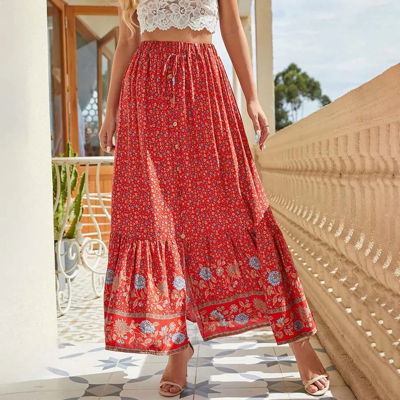 Olivenorma Boho-Maxikleid mit Blumenmuster, hoher Taille, Kordelzug, Knöpfen und Stufenrock für Damen