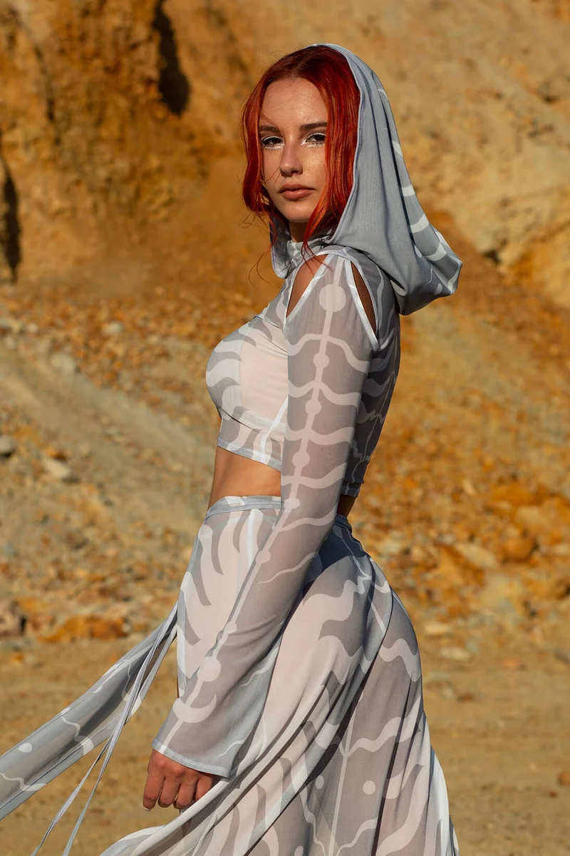 Atacama White Hooded Top and Slit Skirt Set
