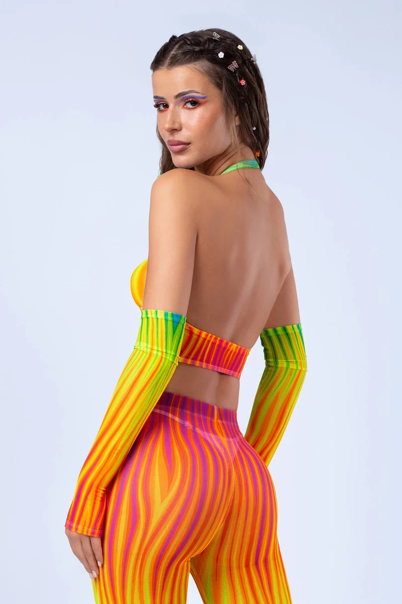 Neon Rainbow Flame Halter Top and Bell Bottom Set