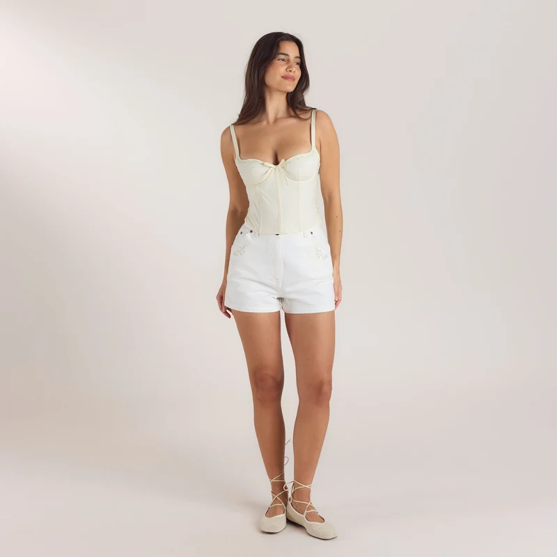 Bestickter Korsett-Top mit Blumenmuster - Buttercreme