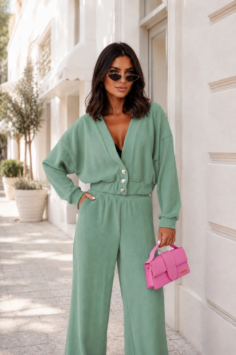Zweiteiler Set Mintgrün - Weite Hose und Sweater mit Dekolleté