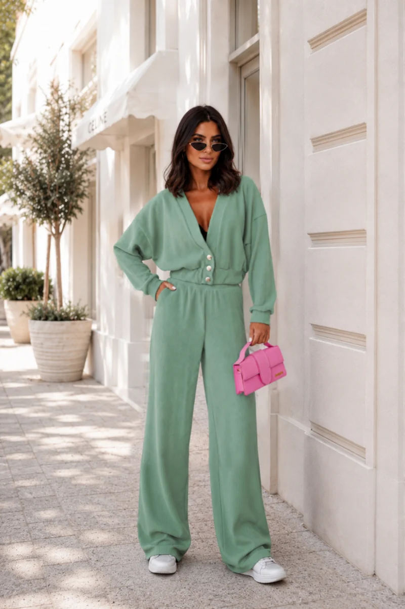 Zweiteiler Set Mintgrün - Weite Hose und Sweater mit Dekolleté