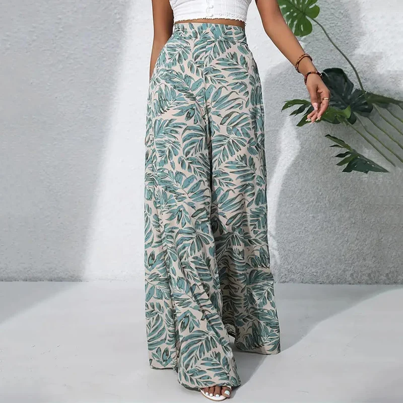 Olivenorma Damenhose mit tropischem Blätterprint, hohem Bund und weitem Bein
