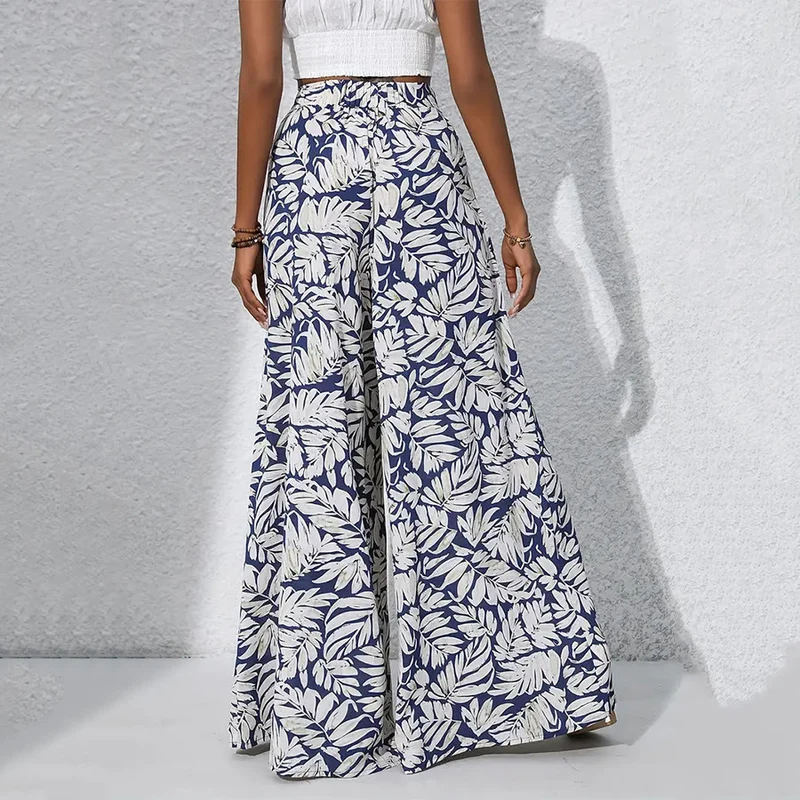Olivenorma Damenhose mit tropischem Blätterprint, hohem Bund und weitem Bein
