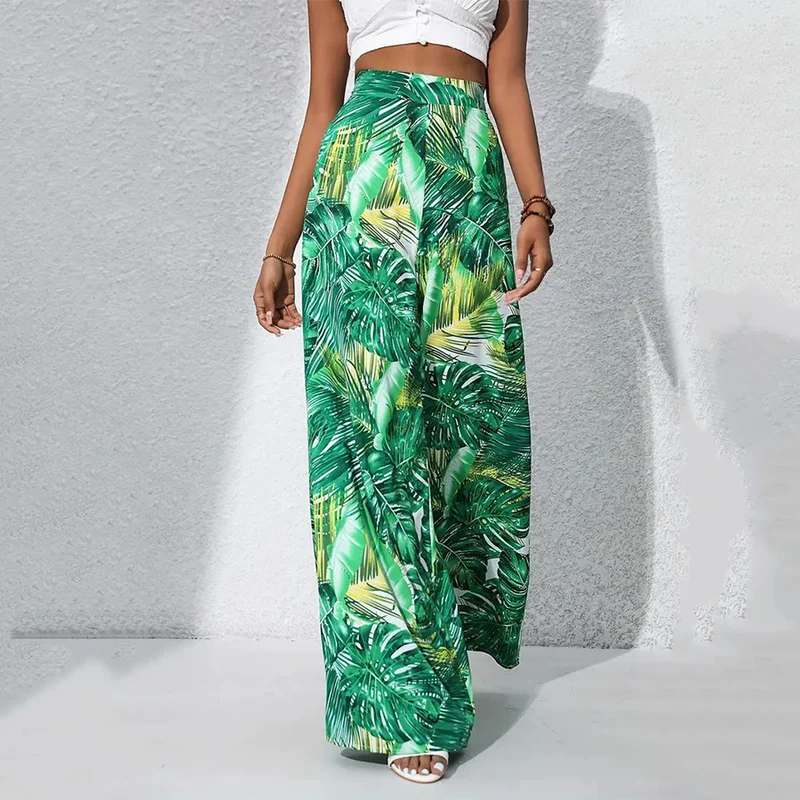 Olivenorma Damenhose mit tropischem Blätterprint, hohem Bund und weitem Bein