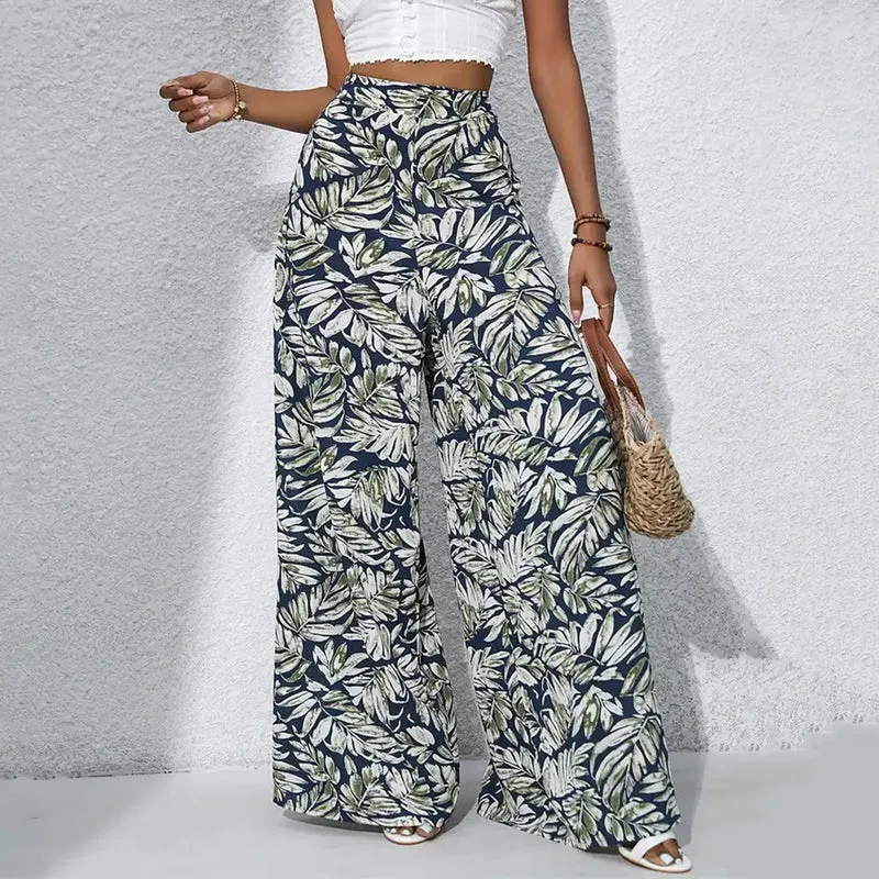 Olivenorma Damenhose mit tropischem Blätterprint, hohem Bund und weitem Bein