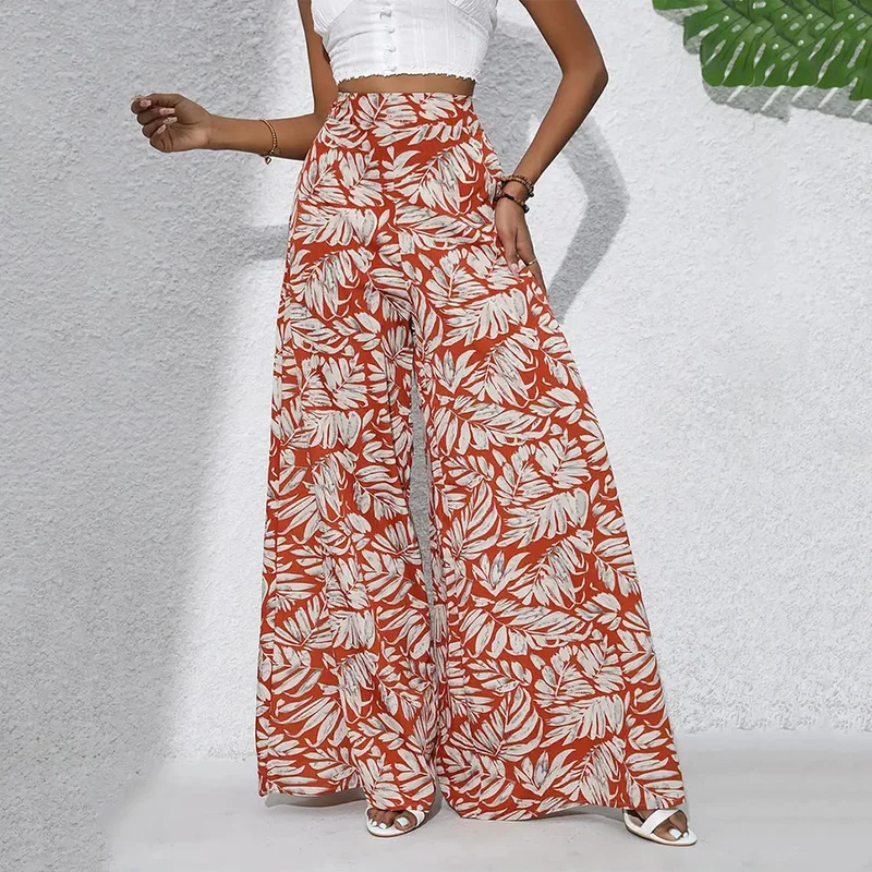 Olivenorma Damenhose mit tropischem Blätterprint, hohem Bund und weitem Bein