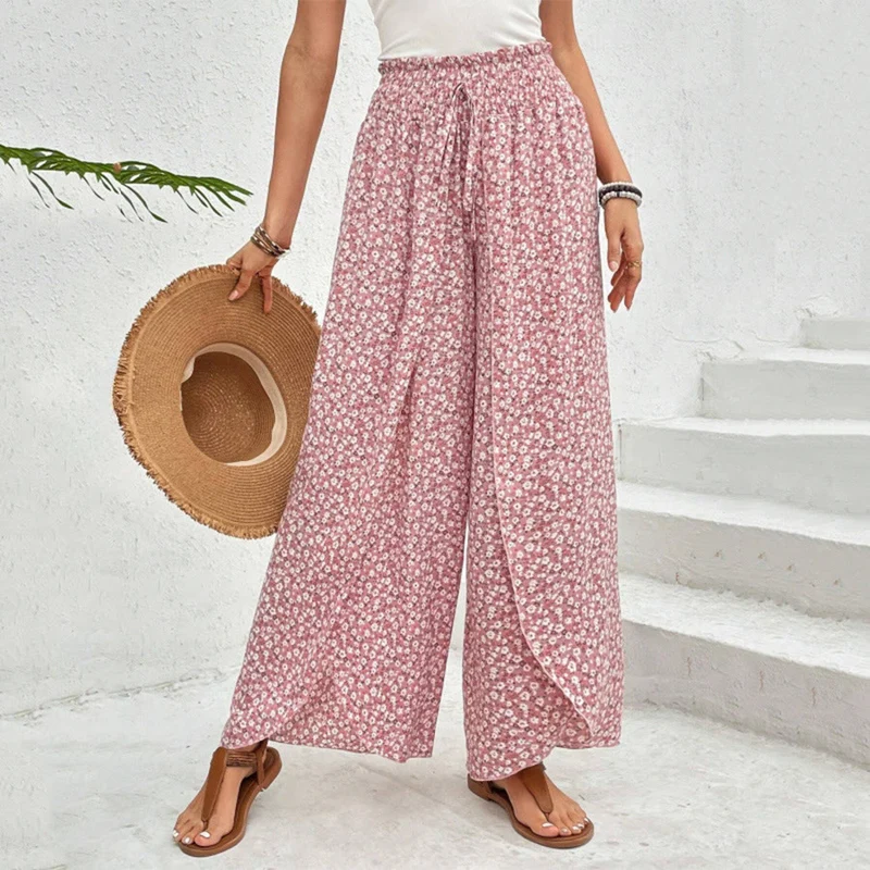 Olivenorma Damenhose mit Blumenmuster, hohem Bund, Kordelzug und weitem Bein