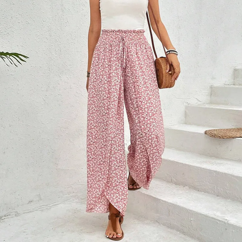 Olivenorma Damenhose mit Blumenmuster, hohem Bund, Kordelzug und weitem Bein